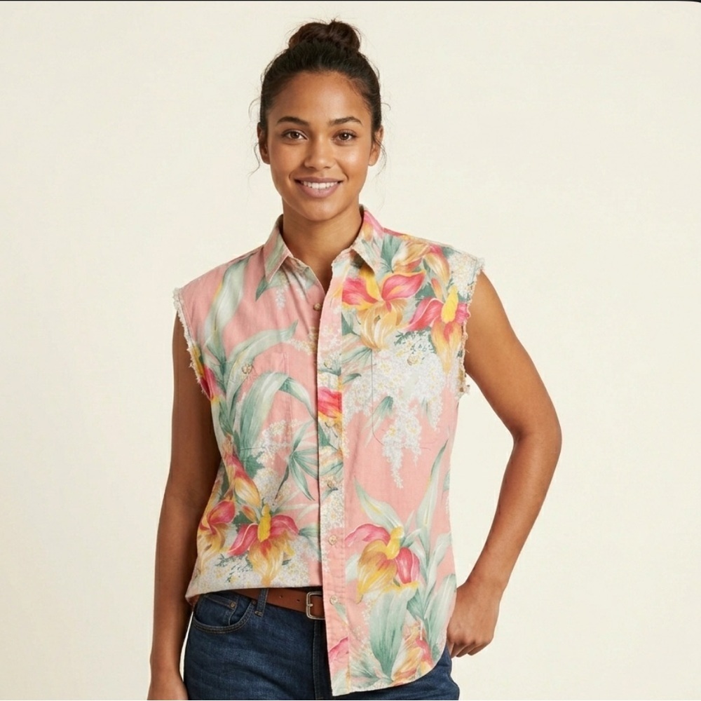 Ralph Lauren Blue Label Tropical Floral Button Down Vest Shirt Cotton 12